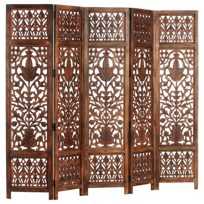 Hand Carved 5-panel Room Divider Brown 200x165 Cm Solid