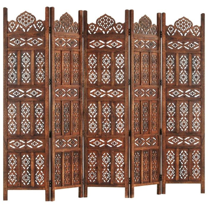 Hand Carved 5-panel Room Divider Brown 200x165 Cm Solid