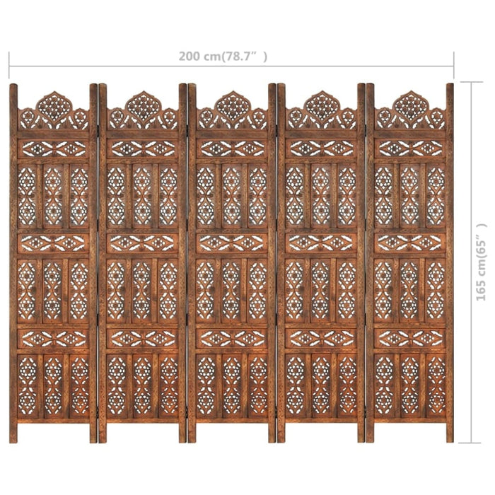 Hand Carved 5-panel Room Divider Brown 200x165 Cm Solid