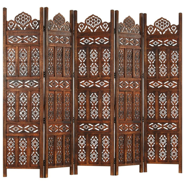 Hand Carved 5-panel Room Divider Brown 200x165 Cm Solid