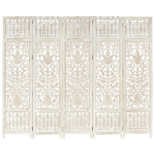 Hand Carved 5 - panel Room Divider White 200x165 Cm Solid