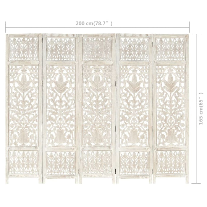 Hand Carved 5-panel Room Divider White 200x165 Cm Solid