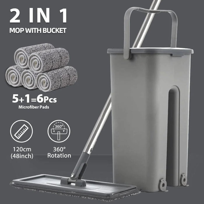 Hand Free Floor Mop and Bucket Set with Washable Microfiber