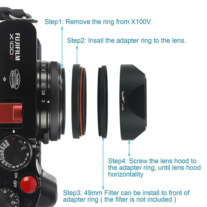 Haoge Lh-x54w Square Metal Lens Hood with 49mm Adapter Ring