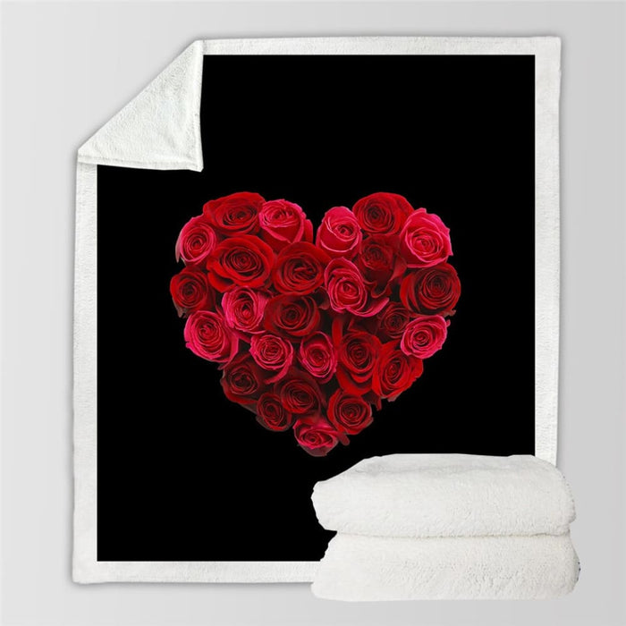 Heart Sherpa Throw Blanket Red Rose Bedspread Valentine’s