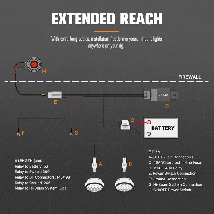 2 Way High Beam Wiring Harness W / Dt 2-Pin Connectors For Led Light Bar