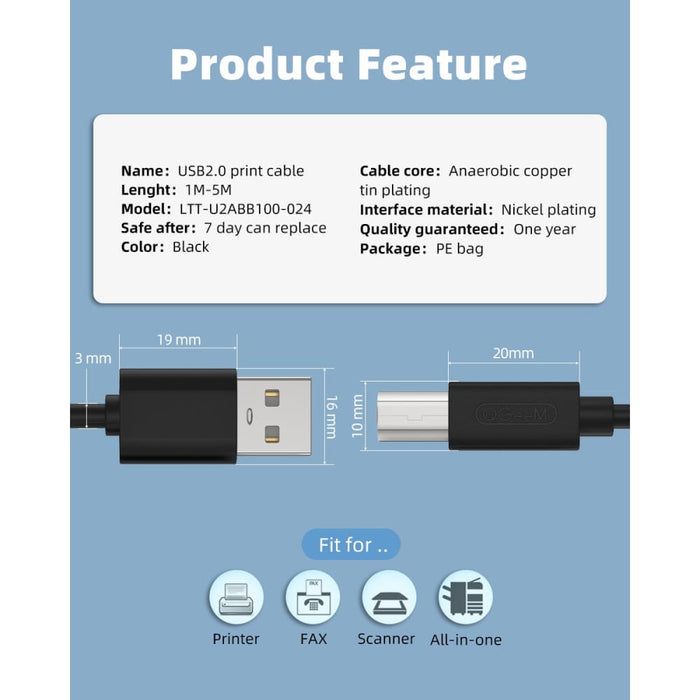High Speed a to b Male Usb Printer Cable Data Sync for 3d