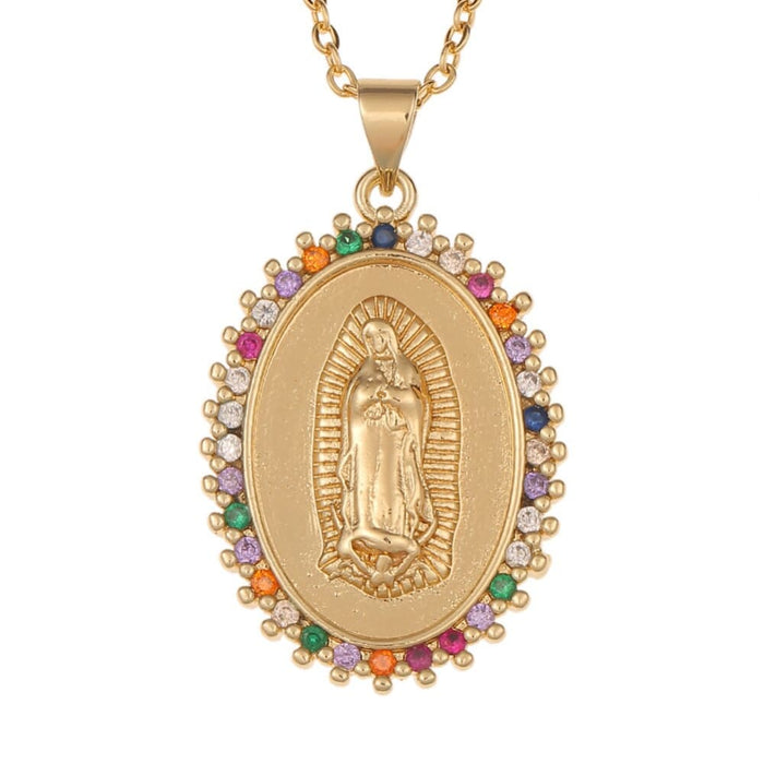Holy Virgin Mary Pendant Cz Cubic Zirconia Necklace Copper