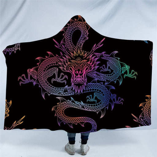 Hooded Blanket For Adults Colourful Chinese Printed Sherpa