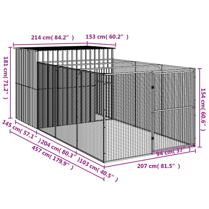 Dog House With Run Anthracite 214x457x181 Cm Galvanised