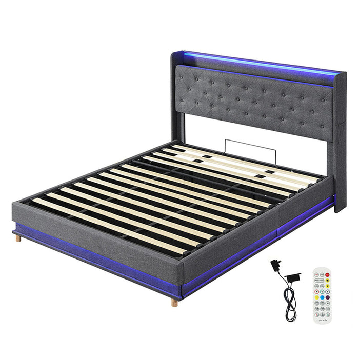 King Bed Frame Gas Lift Storage Led Light Usb