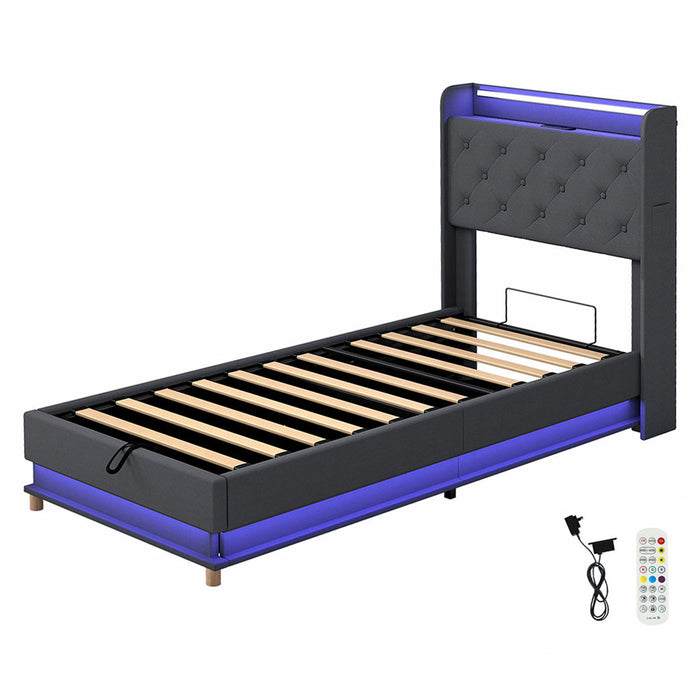 Single Bed Frame Gas Lift Storage Led Light Usb
