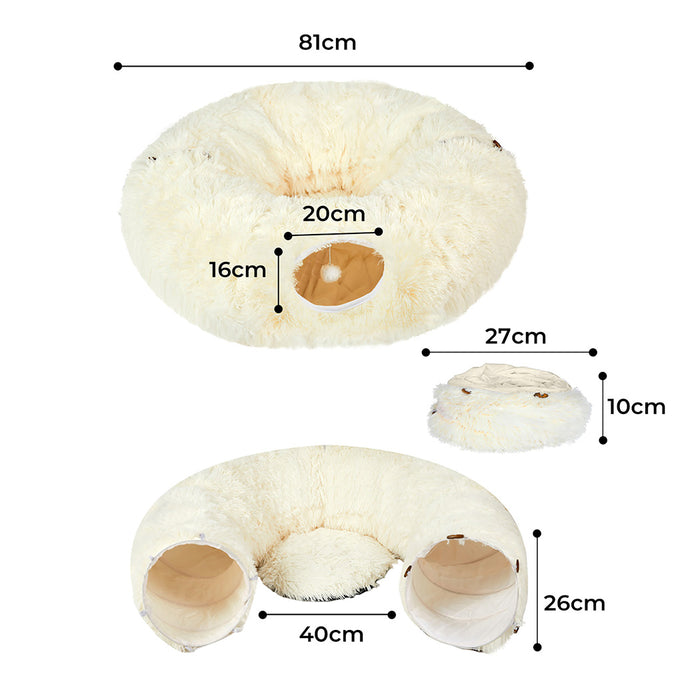 Goslash Picks Cat Tunnel Foldable Fluffy Plush Play Tube Beige