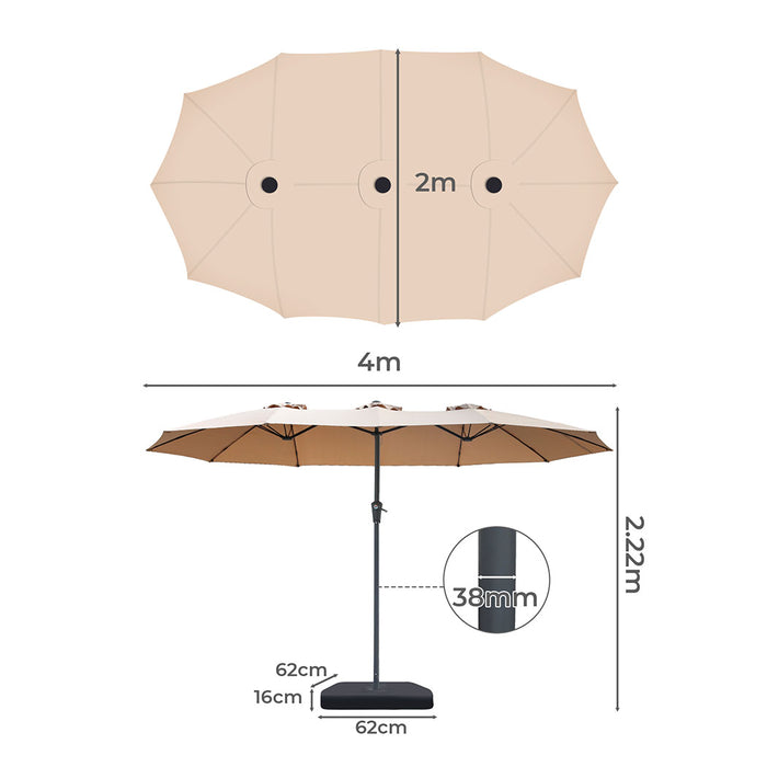 4M Double-Sided Patio Umbrella Outdoor Umbrella Base Stand Khaki