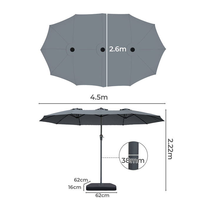 4.5M Double-Sided Patio Umbrella Outdoor Umbrella Base Stand Grey