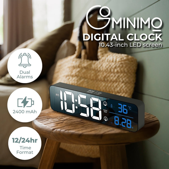 Digital Alarm Clock Mirrored Rechargeable Black