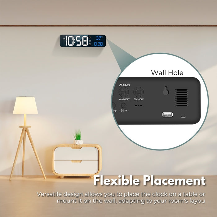 Digital Alarm Clock Mirrored Rechargeable Black