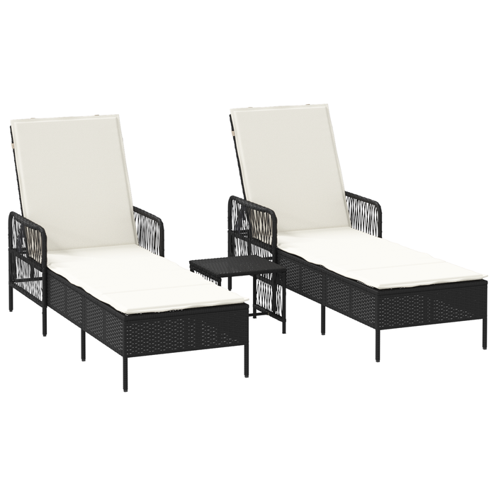 Sun Lounger Set Set Of 3 Black And Cream Pe Rattan, Metal Tlpatx