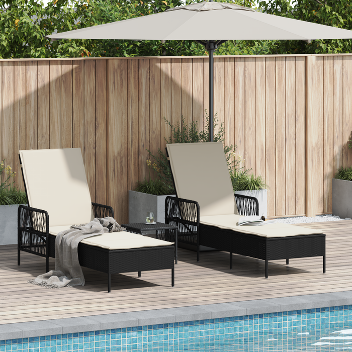Sun Lounger Set Set Of 3 Black And Cream Pe Rattan, Metal Tlpatx