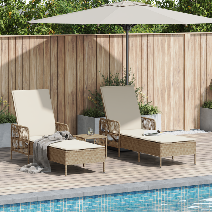 Sun Lounger Set Set Of 3 Beige And Cream White Pe Rattan, Metal Tlpatl