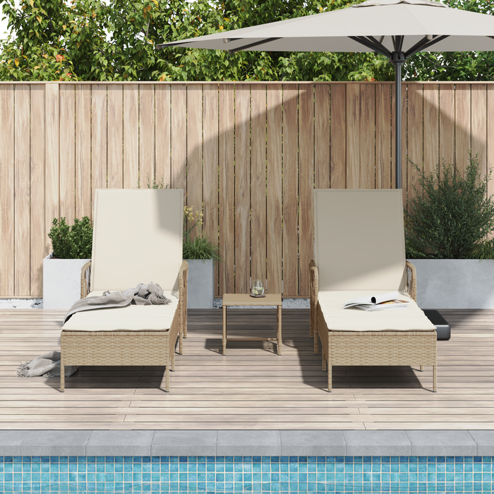Sun Lounger Set Set Of 3 Beige And Cream White Pe Rattan, Metal Tlpatl