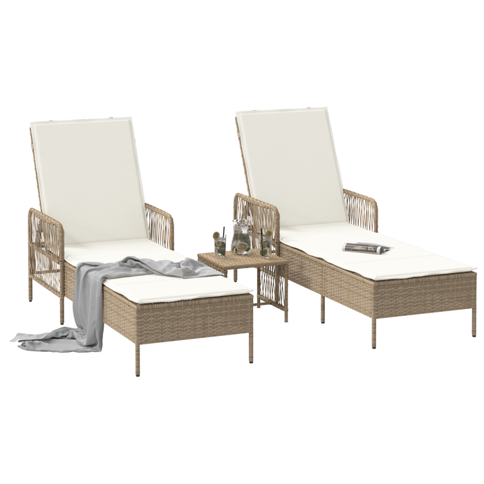 Sun Lounger Set Set Of 3 Beige And Cream White Pe Rattan, Metal Tlpatl