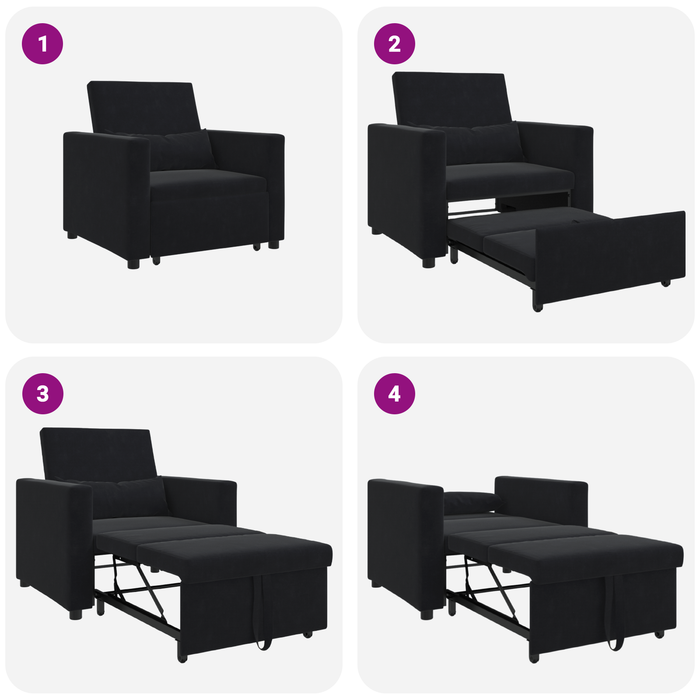 3-In-1 Single Sofa Bed Convertible Black Velvet Axbbxibt