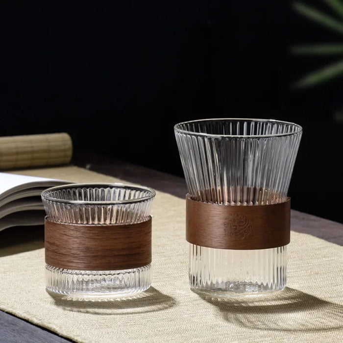 Japanese Style Glass Coffee Mug With Walnut Sleeve