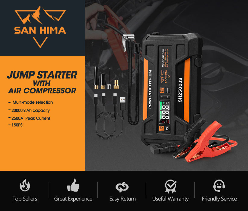 Jump Starter With Air Compressor 2500A Portable 12V Power Bank Pack