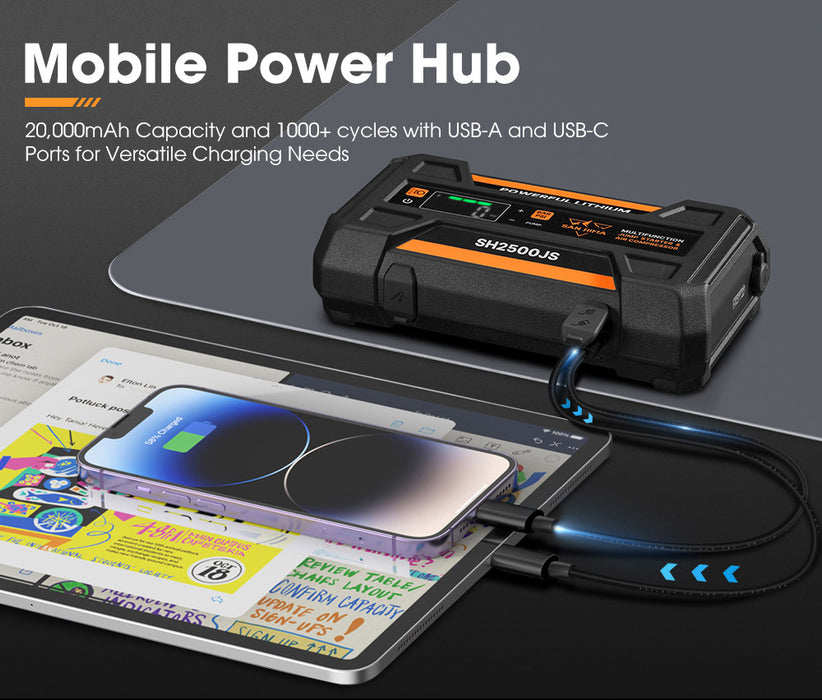 Jump Starter With Air Compressor 2500A Portable 12V Power Bank Pack