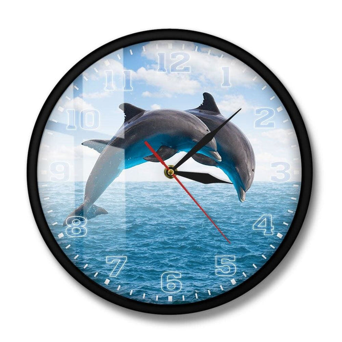 Two Jumping Dolphins Seascape Blue Wall Clock Deep Ocean