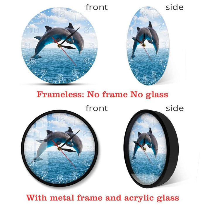 Two Jumping Dolphins Seascape Blue Wall Clock Deep Ocean