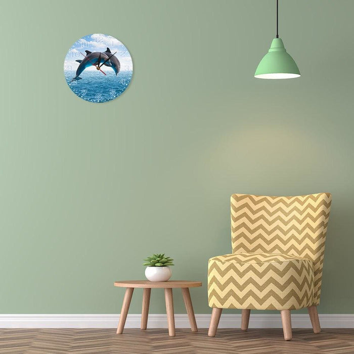 Two Jumping Dolphins Seascape Blue Wall Clock Deep Ocean