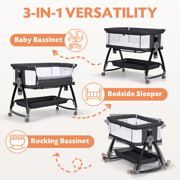 3-In-1 Baby Cot Crib Bed Bassinet Bedside Sleeper Portable Black