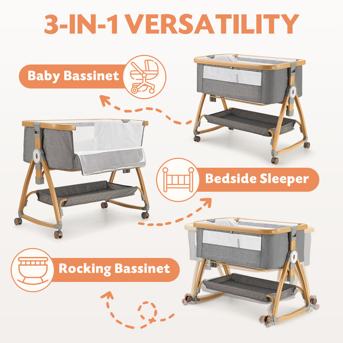 3-In-1 Baby Cot Crib Bed Bassinet Bedside Sleeper Portable Grey