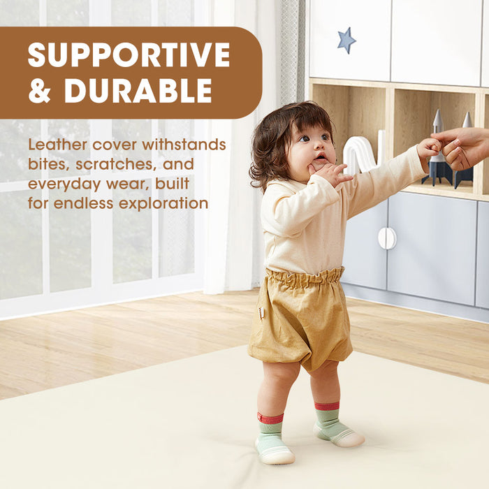 Kids Play Mat Baby Crawling Soft Leather Cover Plush Foam Padding Beige