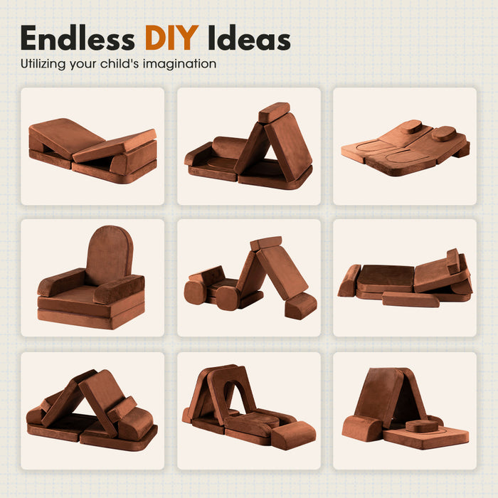 12Pcs Modular Kids Play Sofa Couch Inspiring Child Creativity Brown