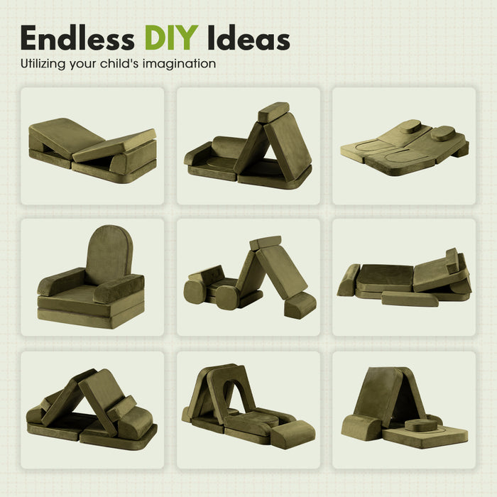 12Pcs Modular Kids Play Couch Inspiring Child Creativity Dark Green