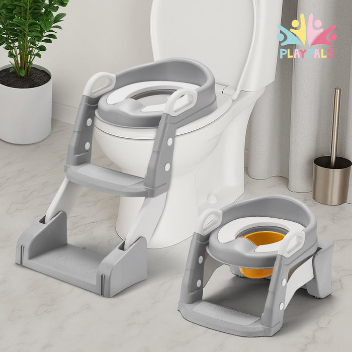 Potty Trainer Toilet Seat Chair Kids Toddler W / Ladder Grey