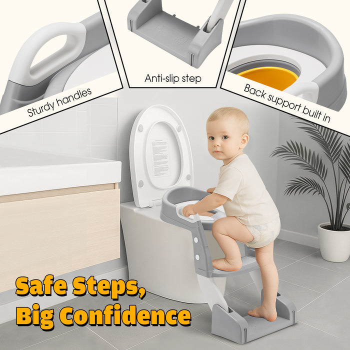 Potty Trainer Toilet Seat Chair Kids Toddler W / Ladder Grey