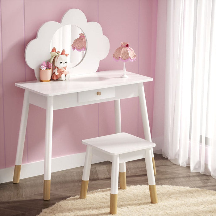 Kids Vanity Makeup Dressing Table Chair Set Wooden Mirror