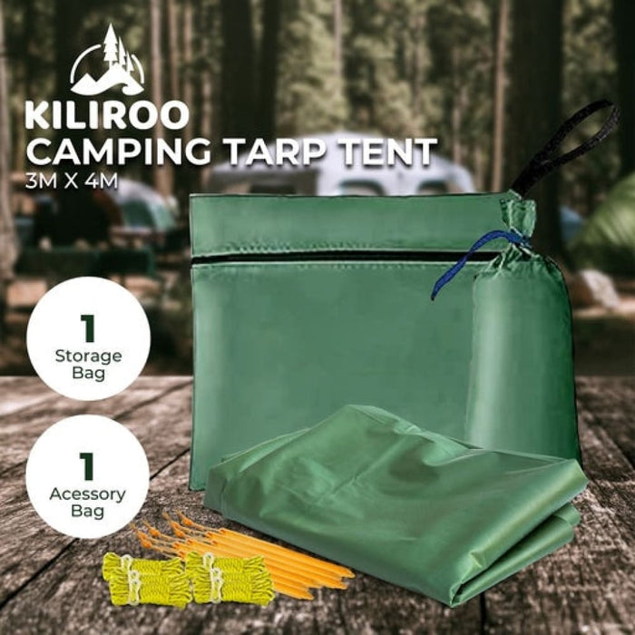Kiliroo 3x4m Large Waterproof Camping Tarp Tent Forest Green