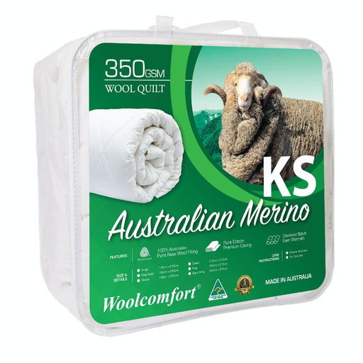 King Single Size Australian Made Merino Wool Quilt 350gsm