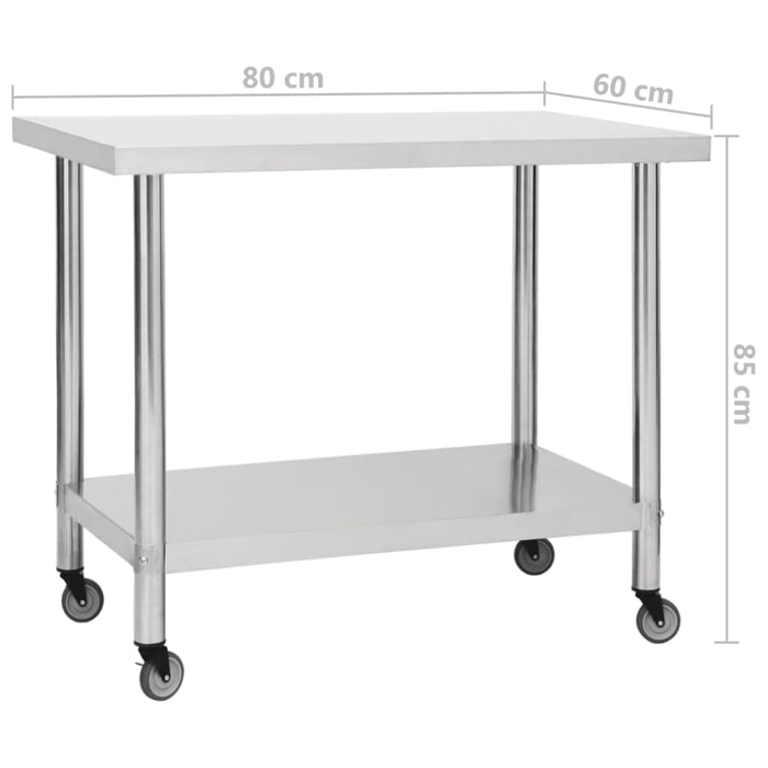 Kitchen Work Table With Wheels 80x60x85 Cm Stainless Steel