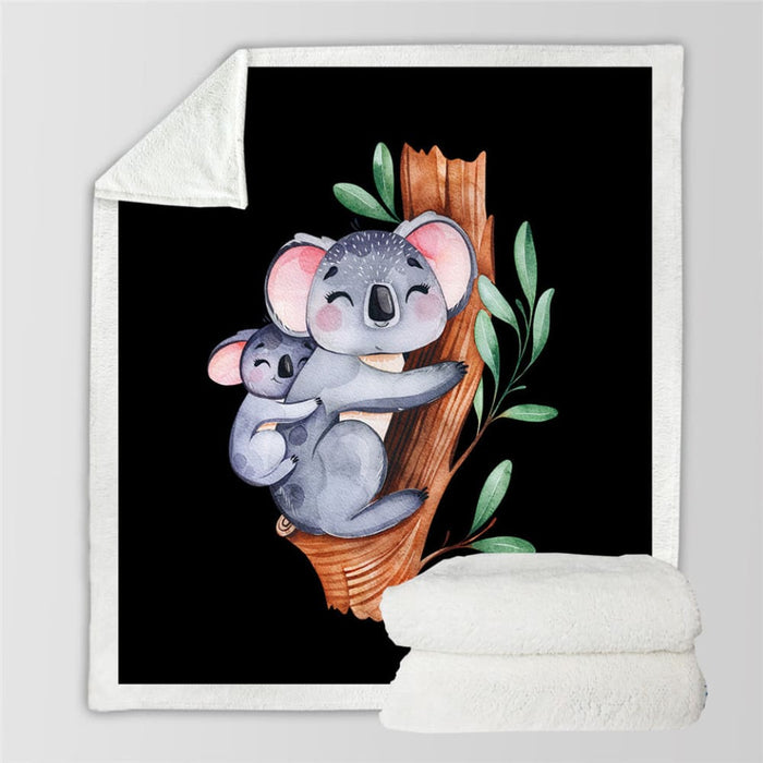Koala Family Throw Blanket Cartoon Plush Eucalyptus Tree