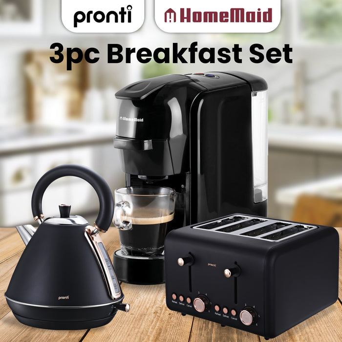 Kettle Toaster And Homemaid Coffee Machine Breakfast Set - Black