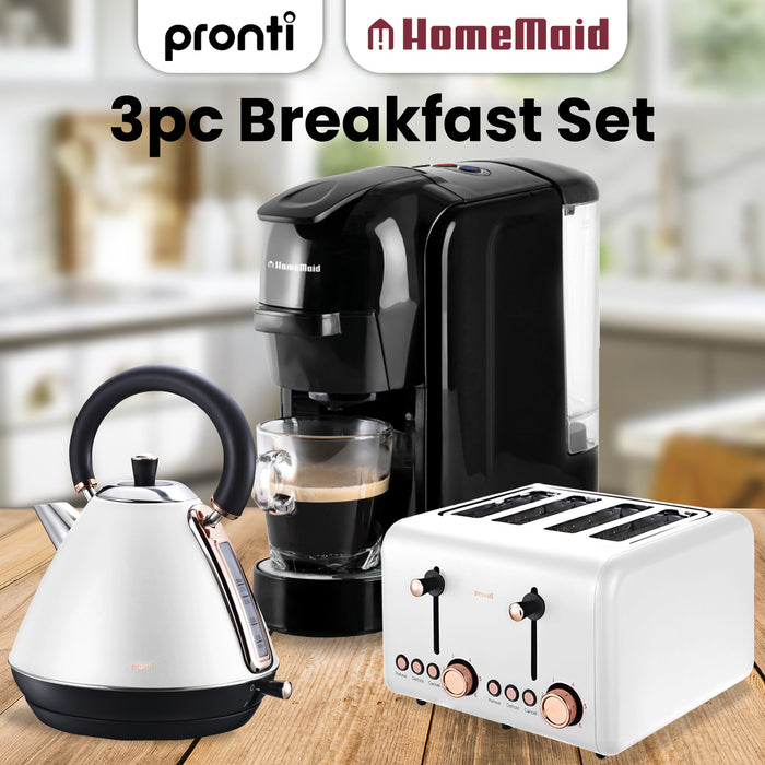 Kettle Toaster And Homemaid Coffee Machine Breakfast Set - White