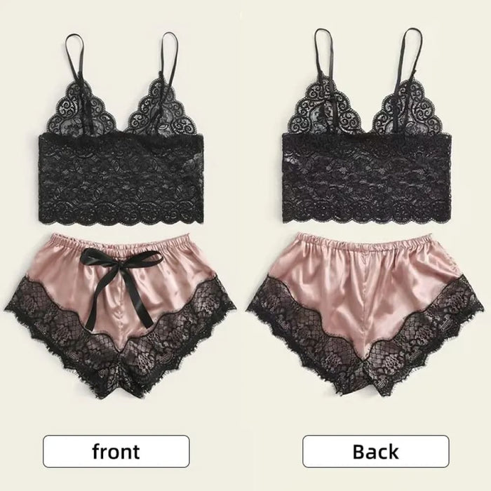 Lace Pajama Set With v Neck Top And Silky Shorts