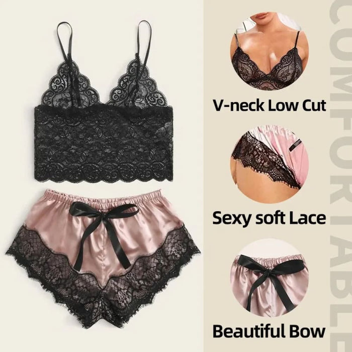 Lace Pajama Set With v Neck Top And Silky Shorts