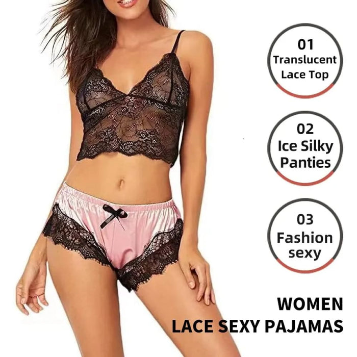 Lace Pajama Set With v Neck Top And Silky Shorts